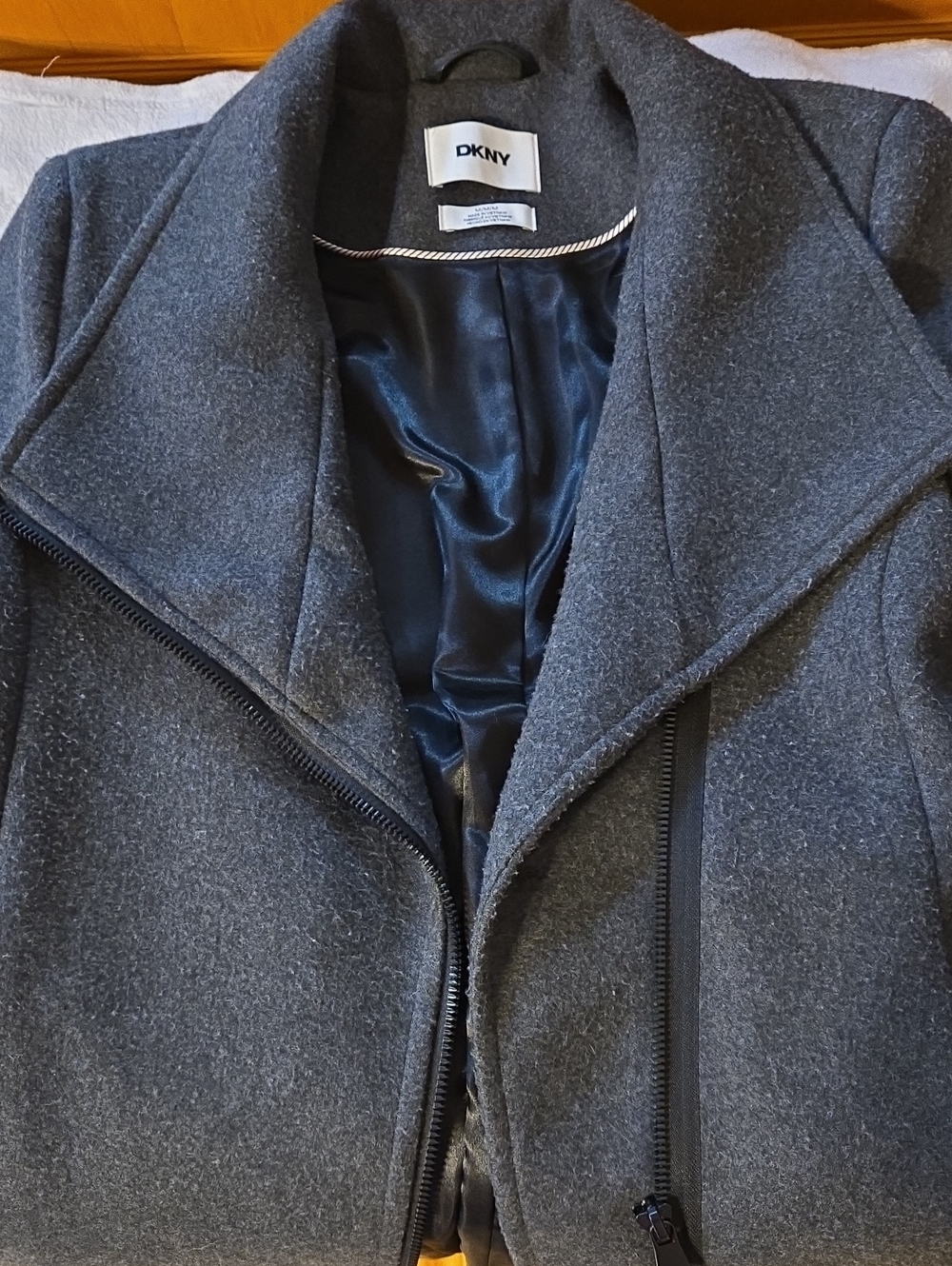 DKNY Gray Wool-Blend Asymmetrical Zip Pea Coat, WOMAN'S M
